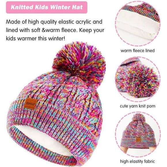 Kids Winter Hat Gloves Scarf Set,Girls Toddler Children Hats Beanie with Pom main image 5